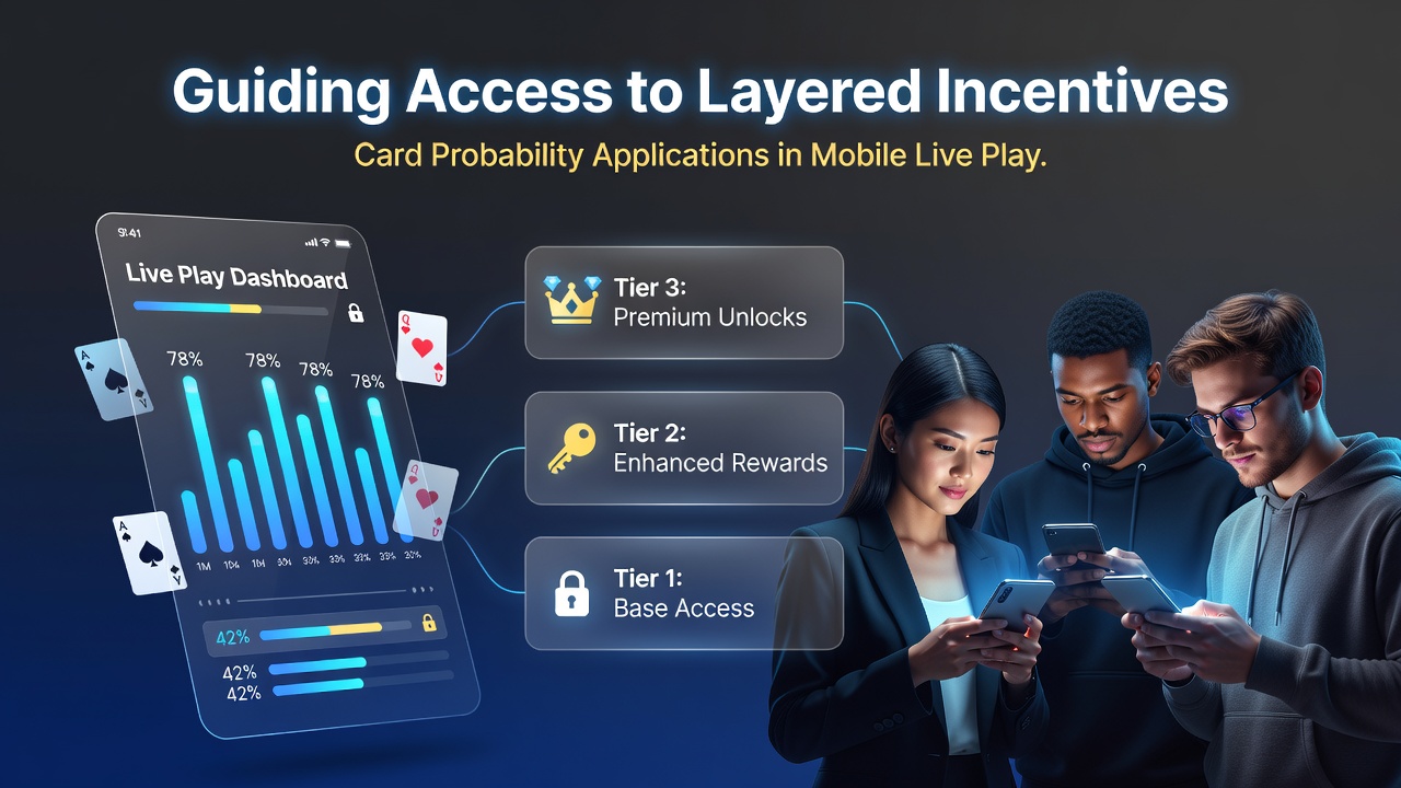 Mobile App-Oberfläche mit Wahrscheinlichkeitsanzeigen und gestaffelten Incentive-Layern für Live-Poker und Baccarat