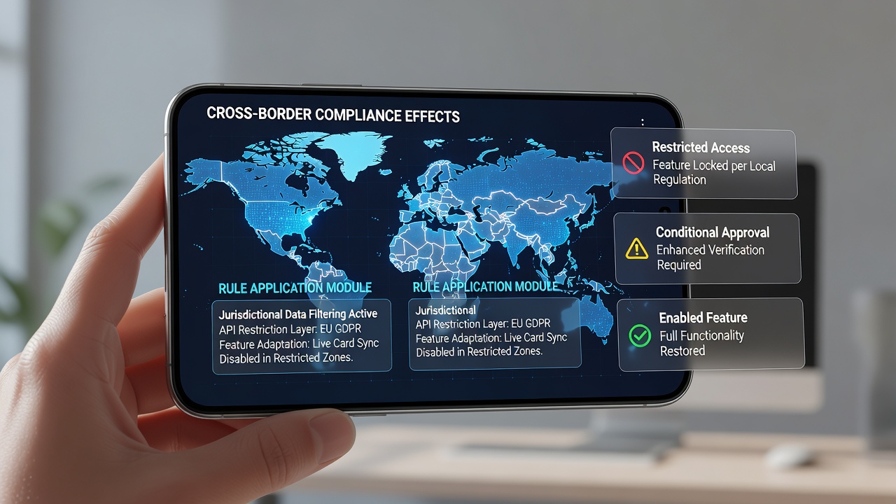 Detailansicht einer mobilen Live-Karten-App mit angepassten Regel- und Compliance-Elementen