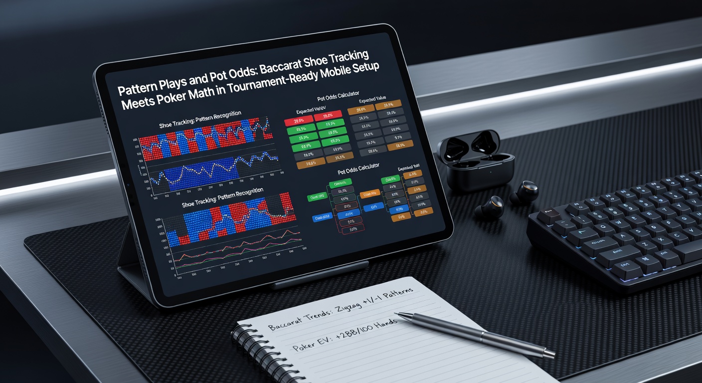 Smartphone zeigt Baccarat-Pattern-Tracker-App mit Poker-Odds-Rechner und Turnier-Leaderboard
