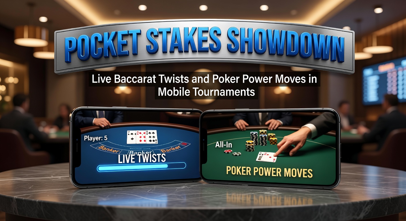 Smartphone mit laufendem Live-Baccarat-Turnier im Pocket Stakes Showdown, umgeben von Poker-Chips und virtuellen Karten