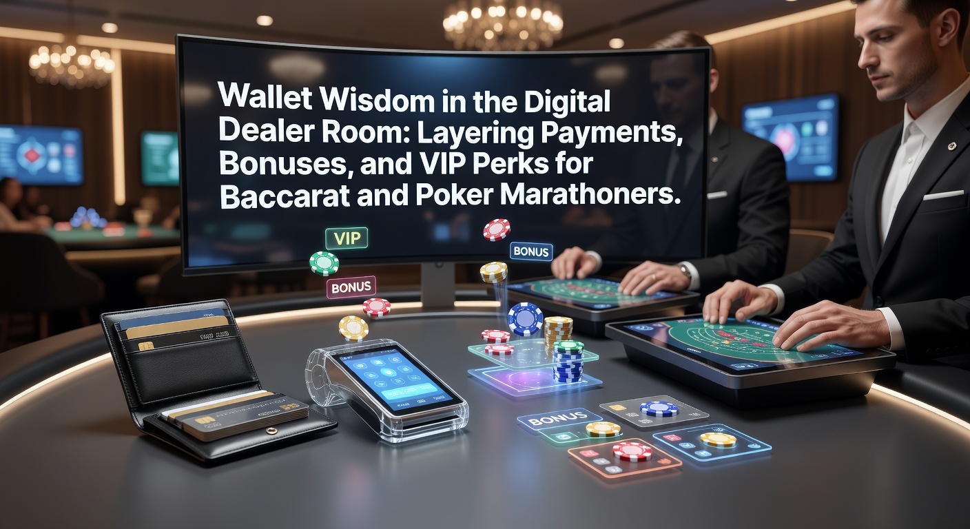 Digitale Wallets und Dealer-Tisch mit Baccarat- und Poker-Elementen, die Zahlungsströme und Bonus-Layer illustrieren